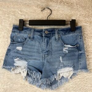 Mossimo Denim Shorts Womens 0/25 Blue Stretch‎ High Rise Distressed Frayed Hem